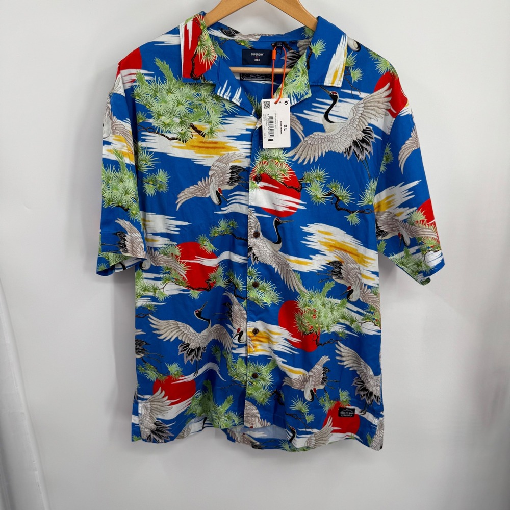 Superdry 'Vintage' Revere Shirt Men XL‎ Crane Blue Button Up Casual Tropical New
